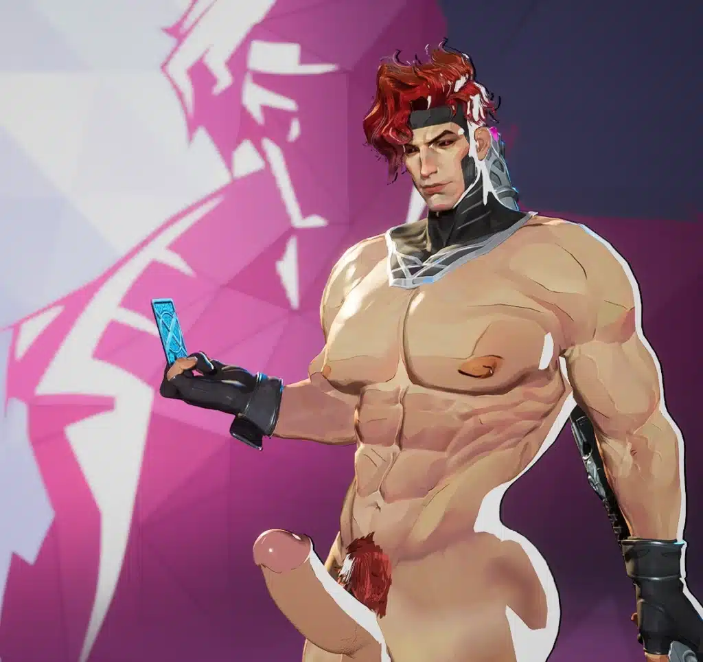 Nude Gambit mod close-up with erection variant and muscular body textures in Marvel Rivals.