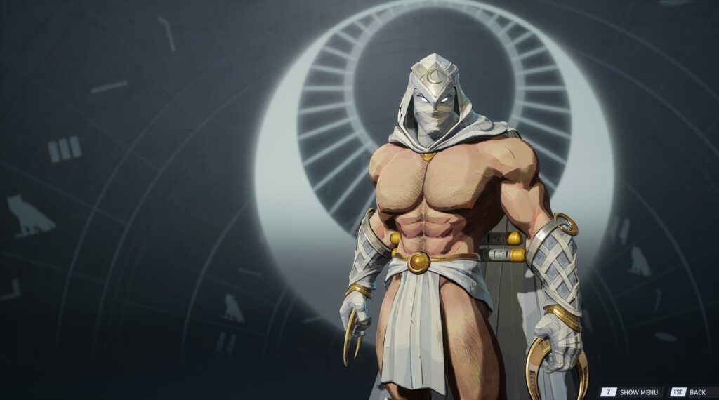 Moon Knight in a ready stance with weapons, standing before the crescent portal.