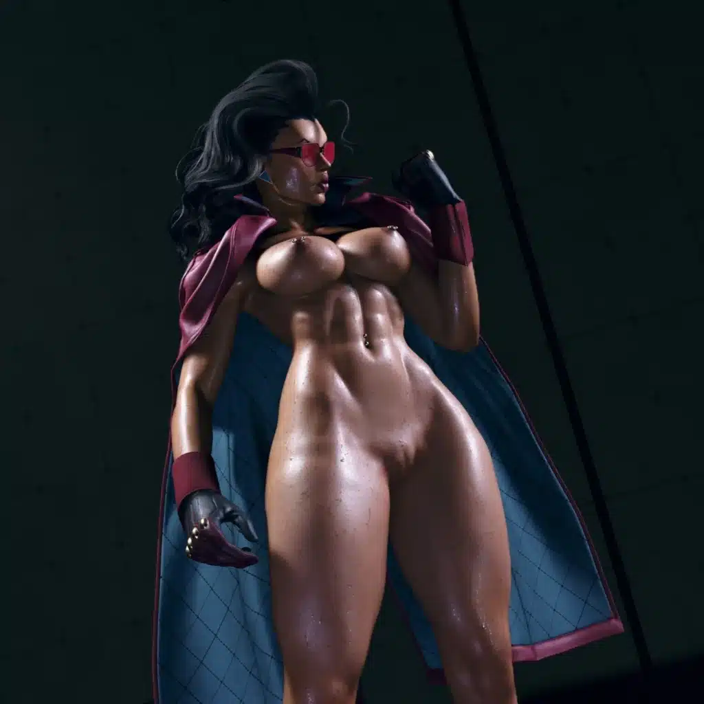Crimson Viper nude mod dramatic low-angle pose with cape and lighting effects.