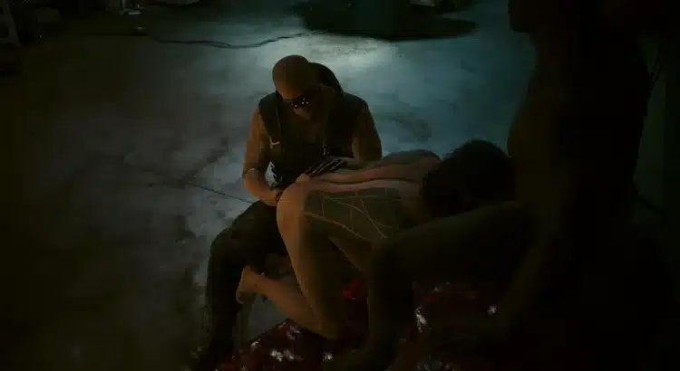 Cyberpunk 2077 rooftop scene featuring a female character positioned on a worn red leather sofa, surrounded by muscular NPCs under neon-blue lighting.