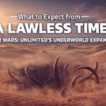 A Lawless Time promotional desert graphic with alien tentacles emerging from sand dunes and bold sci-fi title text.