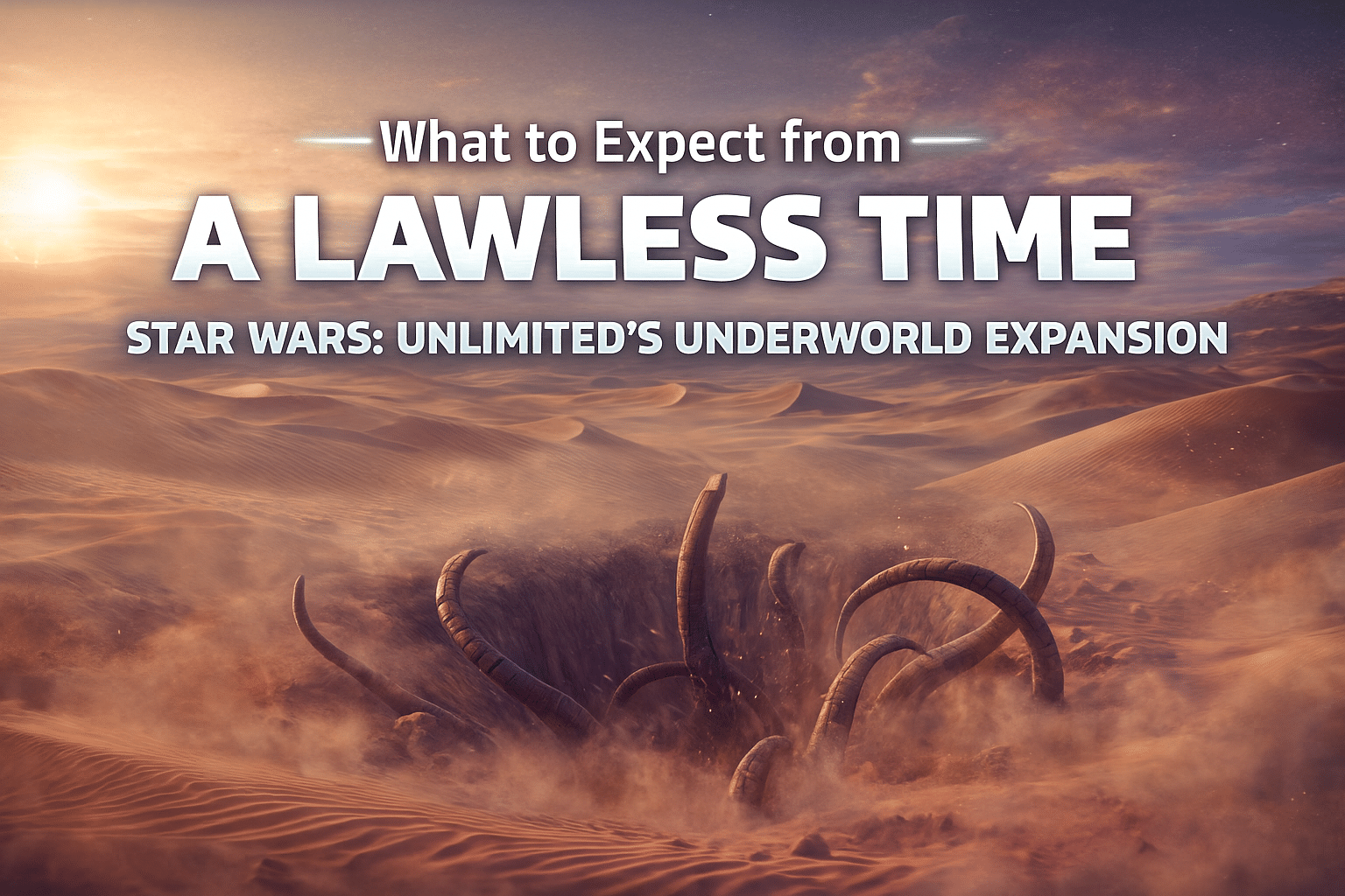 A Lawless Time promotional desert graphic with alien tentacles emerging from sand dunes and bold sci-fi title text.