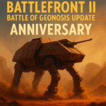 Sci-fi walker marching across a dusty desert battlefield with text celebrating the Battlefront II Battle of Geonosis Update anniversary.