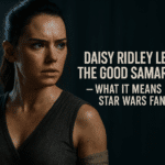 Cinematic promo-style image of Daisy Ridley with headline text “Daisy Ridley Leads The Good Samaritan — What It Means for Star Wars Fans.”