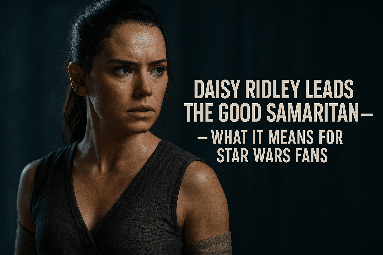 Cinematic promo-style image of Daisy Ridley with headline text “Daisy Ridley Leads The Good Samaritan — What It Means for Star Wars Fans.”