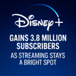 Digital graphic showing Disney+ subscriber growth with a blue streaming interface, data charts, and glowing Disney+ logo.