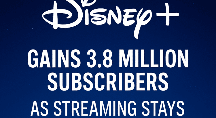 Digital graphic showing Disney+ subscriber growth with a blue streaming interface, data charts, and glowing Disney+ logo.