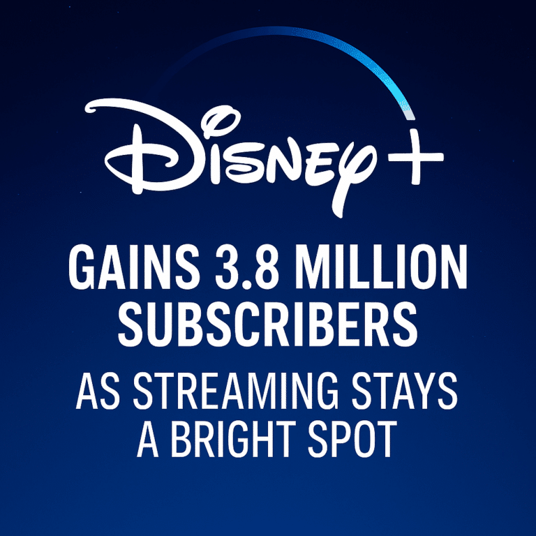 Digital graphic showing Disney+ subscriber growth with a blue streaming interface, data charts, and glowing Disney+ logo.