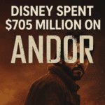 Disney spent 5 million on Andor promotional graphic featuring Cassian Andor with bold headline text.