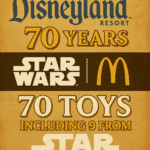 Retro-style Disneyland 70th anniversary graphic featuring the Star Wars and McDonald’s logos with text highlighting 70 toys, including 9 Star Wars collectibles.