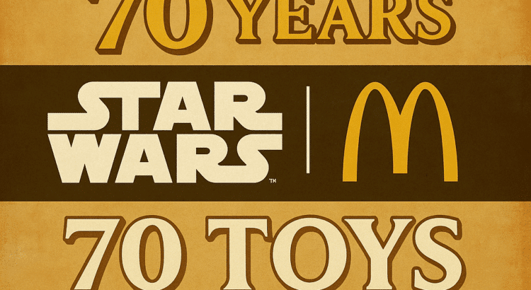 Retro-style Disneyland 70th anniversary graphic featuring the Star Wars and McDonald’s logos with text highlighting 70 toys, including 9 Star Wars collectibles.