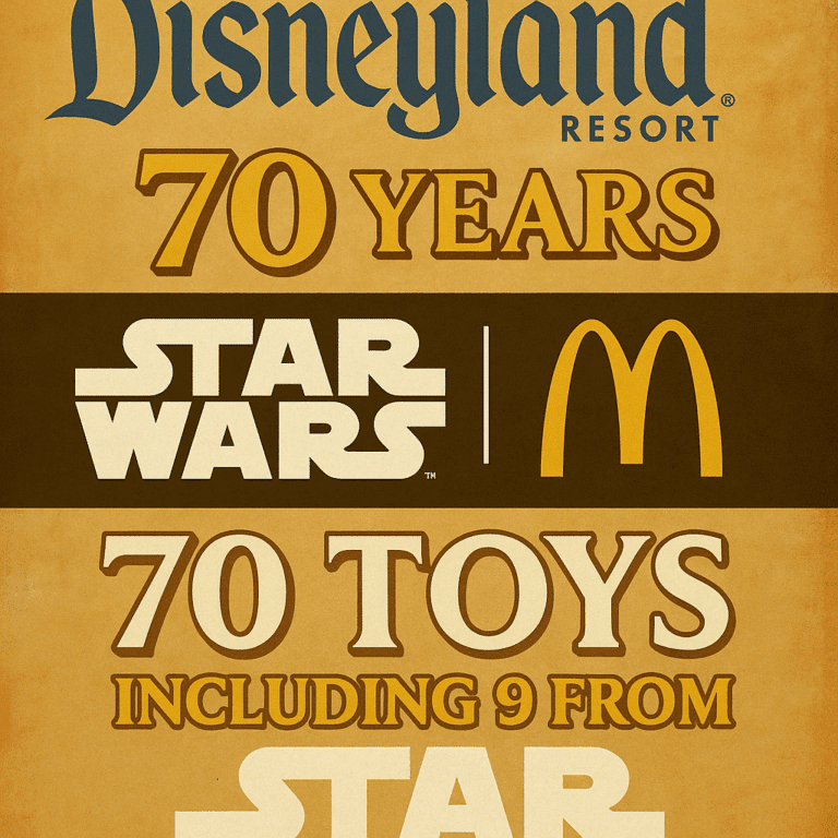 Retro-style Disneyland 70th anniversary graphic featuring the Star Wars and McDonald’s logos with text highlighting 70 toys, including 9 Star Wars collectibles.