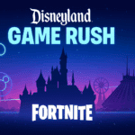 Promotional banner for Disneyland Game Rush in Fortnite featuring the event logo with colorful lights and futuristic Disney-inspired effects.