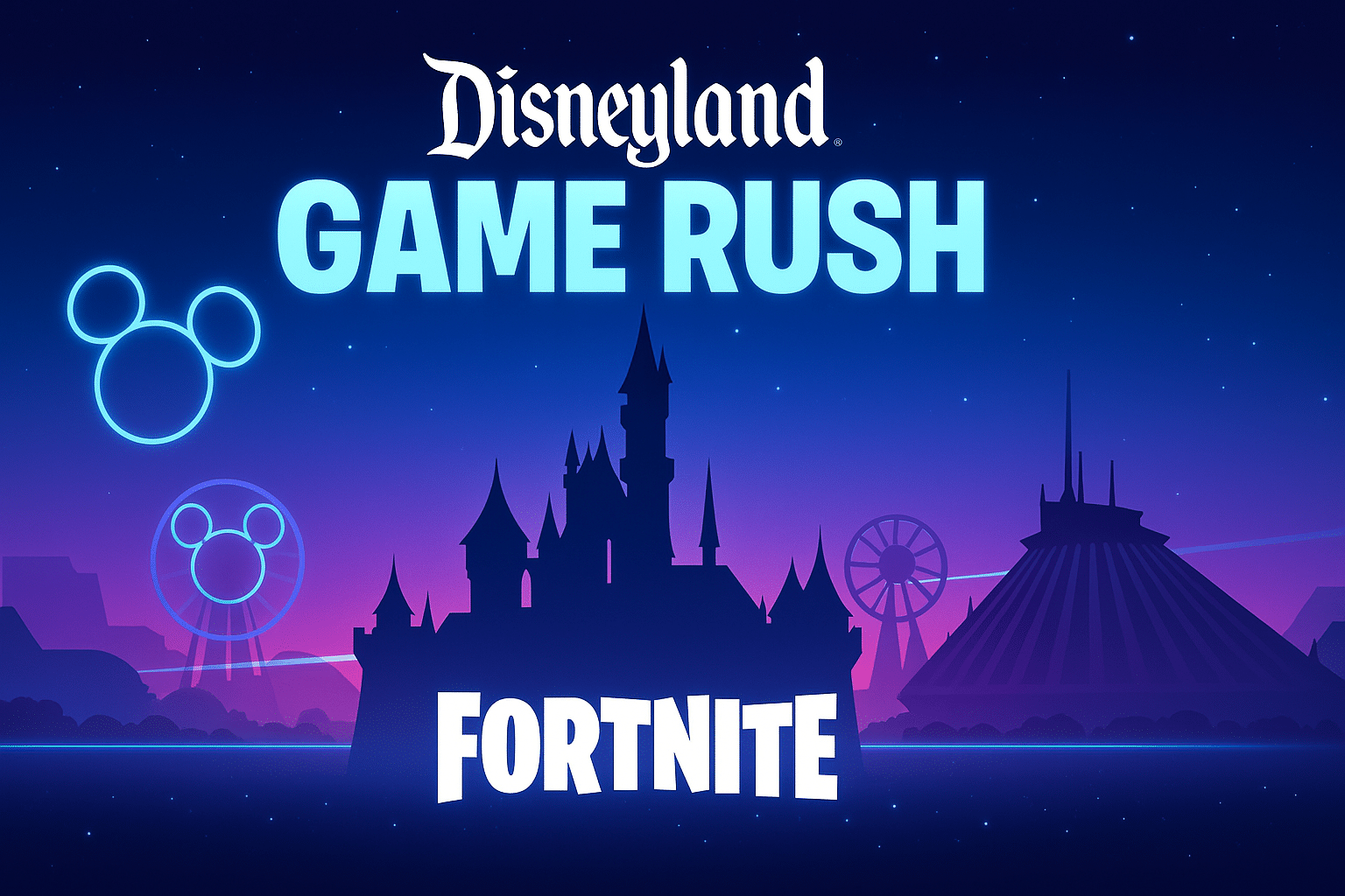 Promotional banner for Disneyland Game Rush in Fortnite featuring the event logo with colorful lights and futuristic Disney-inspired effects.