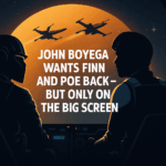 Stylized digital artwork of Finn and Poe Dameron standing side by side with glowing blue highlights and “Only on the Big Screen” text.