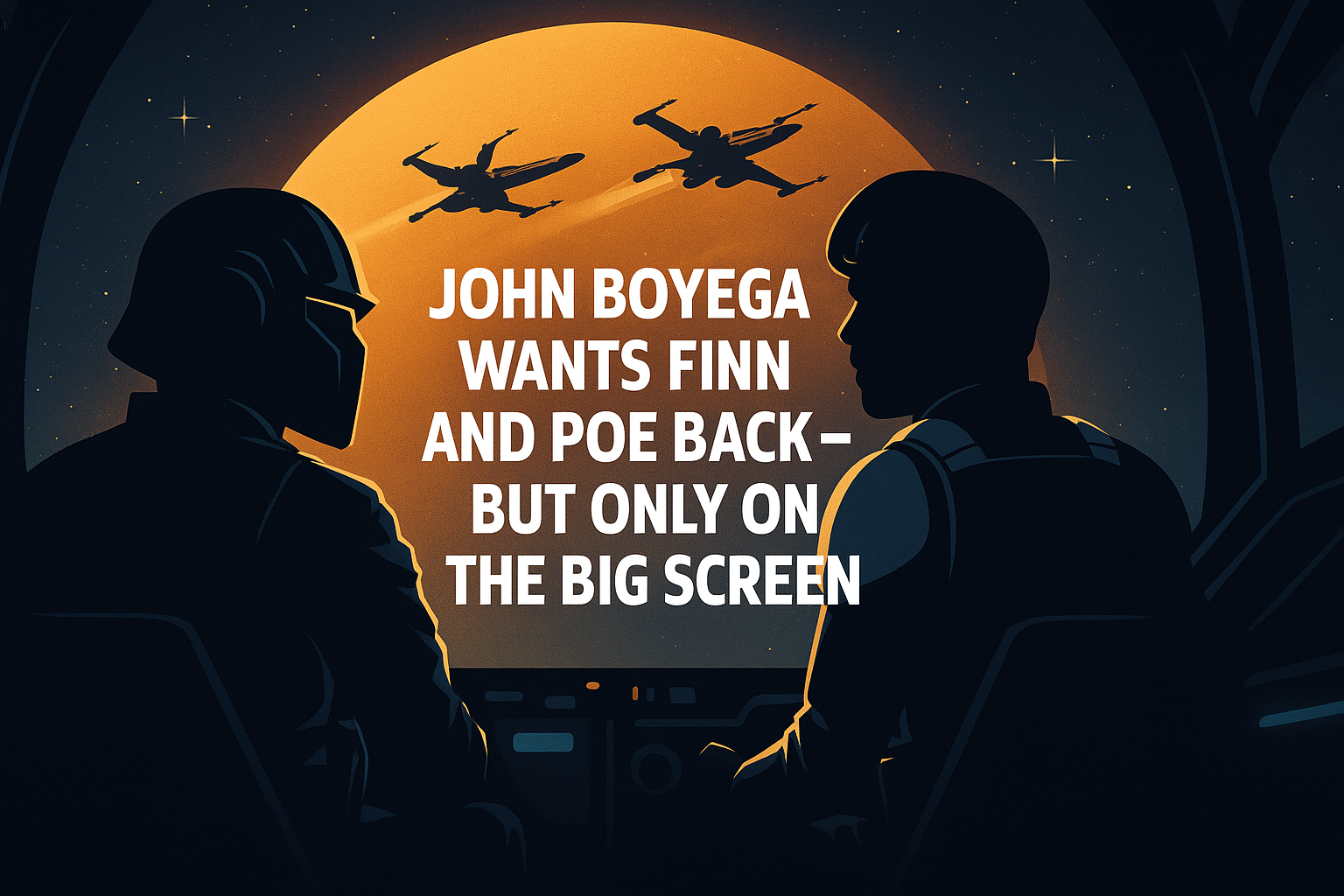 Stylized digital artwork of Finn and Poe Dameron standing side by side with glowing blue highlights and “Only on the Big Screen” text.