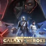 Din Djarin and Grogu stand at the center of the new Star Wars: Galaxy of Heroes poster surrounded by iconic characters like Darth Vader, Yoda, Rey, and Darth Maul.