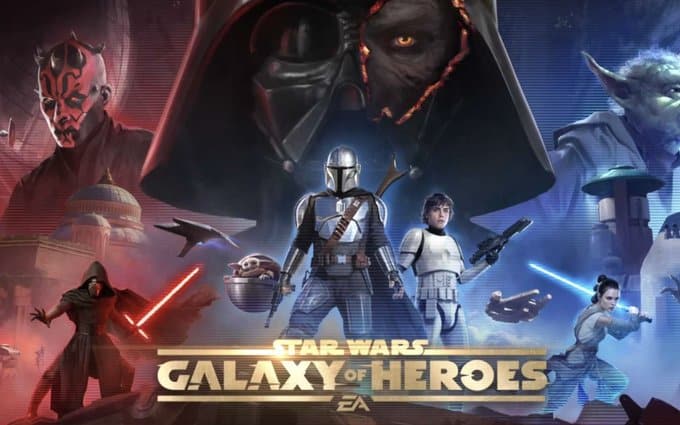 Din Djarin and Grogu stand at the center of the new Star Wars: Galaxy of Heroes poster surrounded by iconic characters like Darth Vader, Yoda, Rey, and Darth Maul.