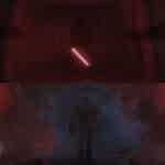 Side-by-side comparison of Darth Vader’s Rogue One hallway entrance and Vecna’s Season 5 Episode 4 entrance in Stranger Things, both emerging from red-tinted smoke in dramatic silhouette.