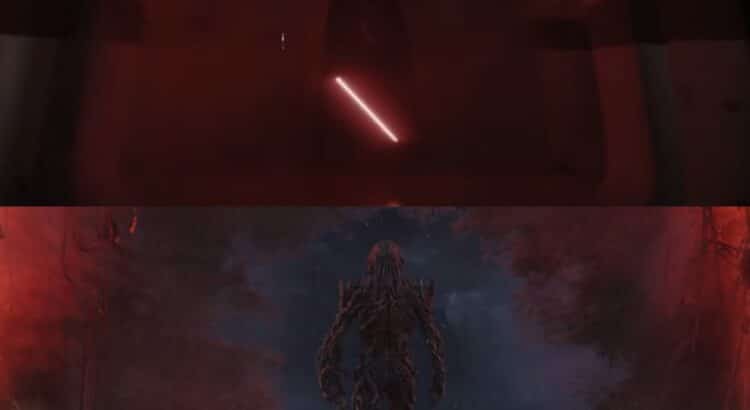 Side-by-side comparison of Darth Vader’s Rogue One hallway entrance and Vecna’s Season 5 Episode 4 entrance in Stranger Things, both emerging from red-tinted smoke in dramatic silhouette.