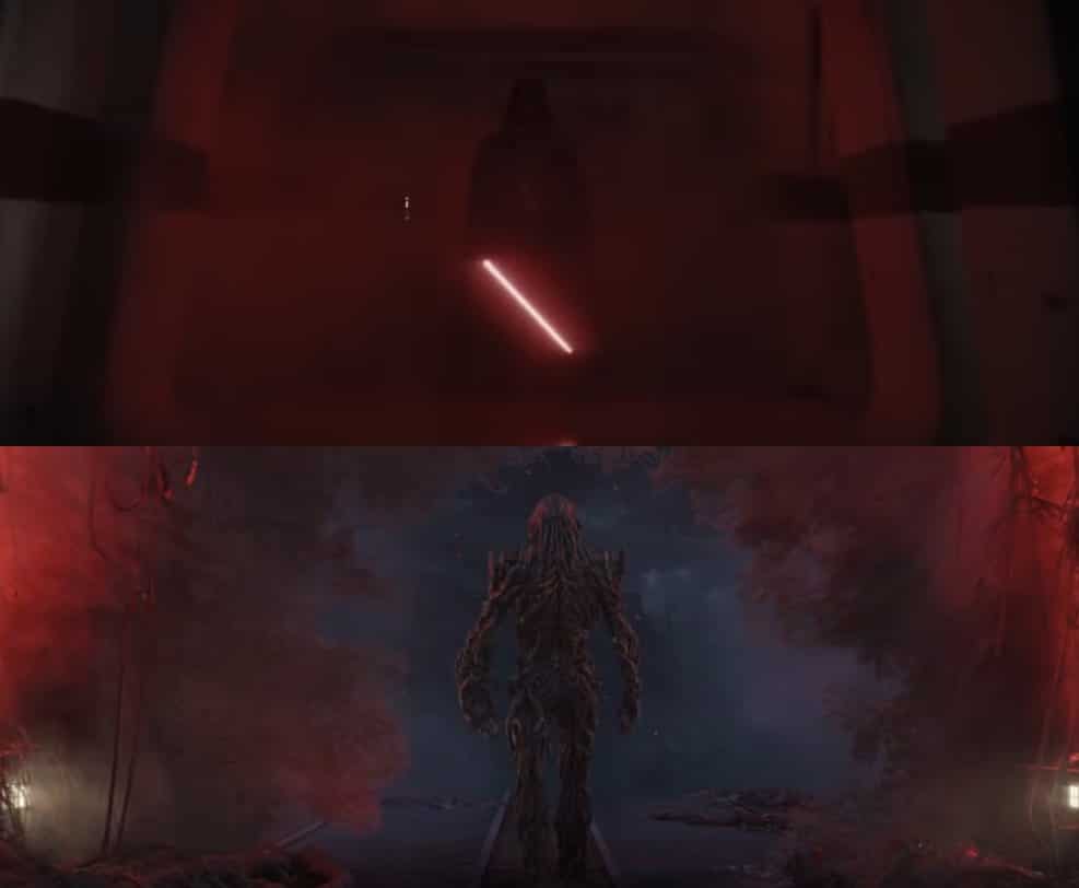 Side-by-side comparison of Darth Vader’s Rogue One hallway entrance and Vecna’s Season 5 Episode 4 entrance in Stranger Things, both emerging from red-tinted smoke in dramatic silhouette.