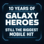 Galaxy Heroes 10th anniversary sci-fi graphic with glowing blue UI elements and bold futuristic text.