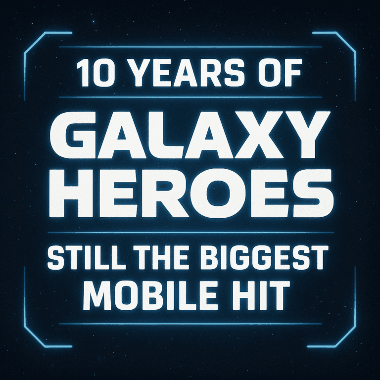 Galaxy Heroes 10th anniversary sci-fi graphic with glowing blue UI elements and bold futuristic text.