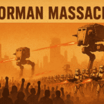 Star Wars illustration of the Ghorman Massacre showing Imperial walkers and stormtroopers firing on protesters, symbolizing the Empire’s brutal crackdown and the rise of the Rebel Alliance.
