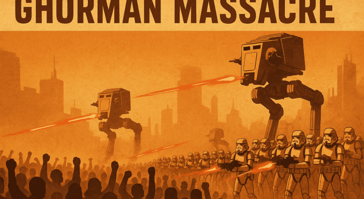 Star Wars illustration of the Ghorman Massacre showing Imperial walkers and stormtroopers firing on protesters, symbolizing the Empire’s brutal crackdown and the rise of the Rebel Alliance.
