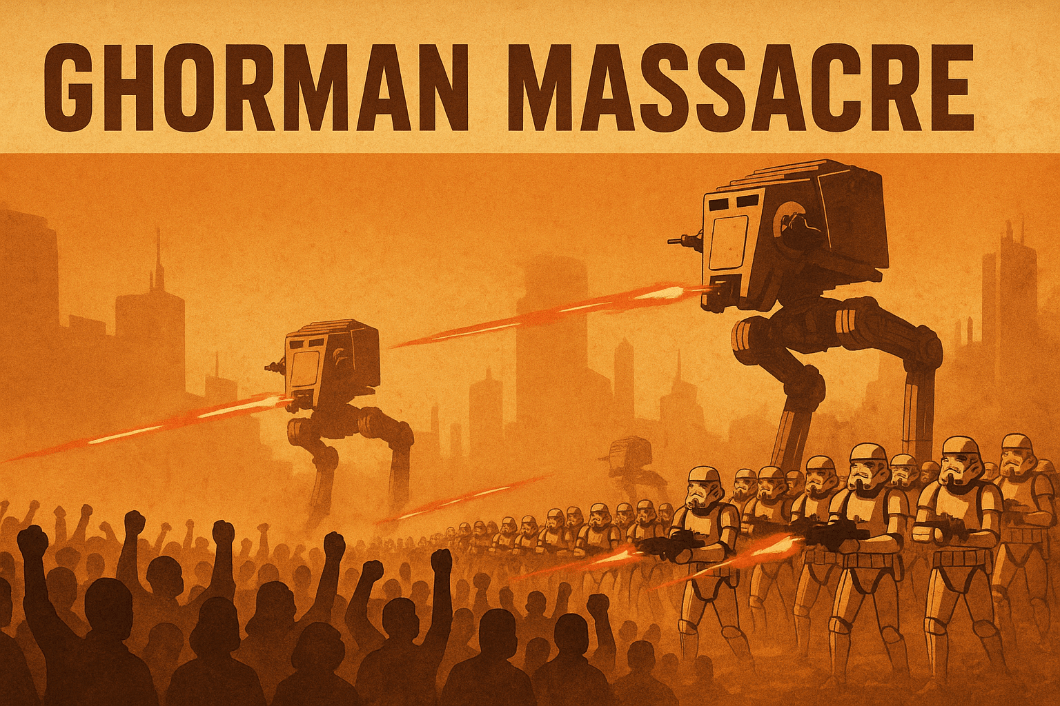 Star Wars illustration of the Ghorman Massacre showing Imperial walkers and stormtroopers firing on protesters, symbolizing the Empire’s brutal crackdown and the rise of the Rebel Alliance.