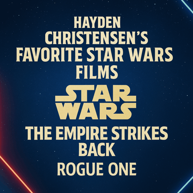 Graphic highlighting Hayden Christensen’s favorite Star Wars films, The Empire Strikes Back and Rogue One, on a starry sci-fi background.