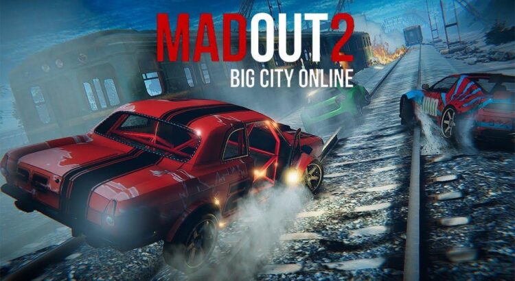 Open-world MadOut2 BigCityOnline PC gameplay showing cars racing through a chaotic city environment