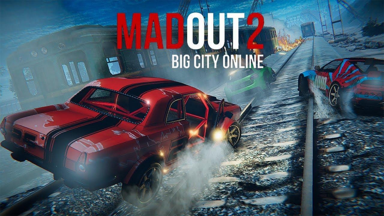 Open-world MadOut2 BigCityOnline PC gameplay showing cars racing through a chaotic city environment