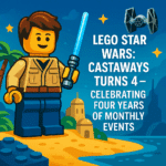 Colorful LEGO-style illustration of a minifigure holding a blue lightsaber on a tropical island with text celebrating the 4-year anniversary of LEGO Star Wars: Castaways.