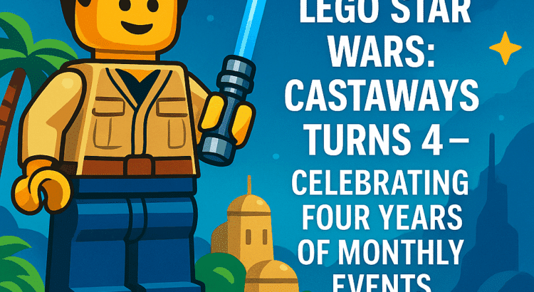 Colorful LEGO-style illustration of a minifigure holding a blue lightsaber on a tropical island with text celebrating the 4-year anniversary of LEGO Star Wars: Castaways.