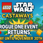 LEGO Star Wars: Castaways Rogue One Event Returns promotional banner with game logo and tropical island background.