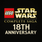 LEGO Star Wars: The Complete Saga 18th Anniversary celebratory banner featuring iconic LEGO Star Wars characters and logo in cinematic gold and blue tones.