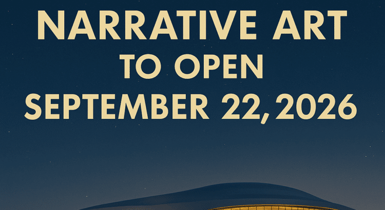 The Lucas Museum of Narrative Art illuminated at twilight with text announcing its official opening on September 22, 2026.