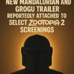 A stylized sci-fi helmet silhouette glowing against a warm cinematic background, paired with bold headline text announcing that a new Mandalorian and Grogu trailer is reportedly attached to select Zootopia 2 screenings.