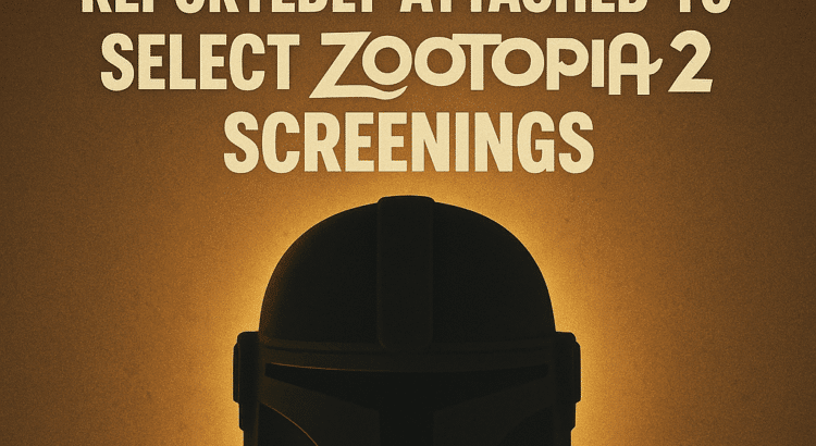 A stylized sci-fi helmet silhouette glowing against a warm cinematic background, paired with bold headline text announcing that a new Mandalorian and Grogu trailer is reportedly attached to select Zootopia 2 screenings.