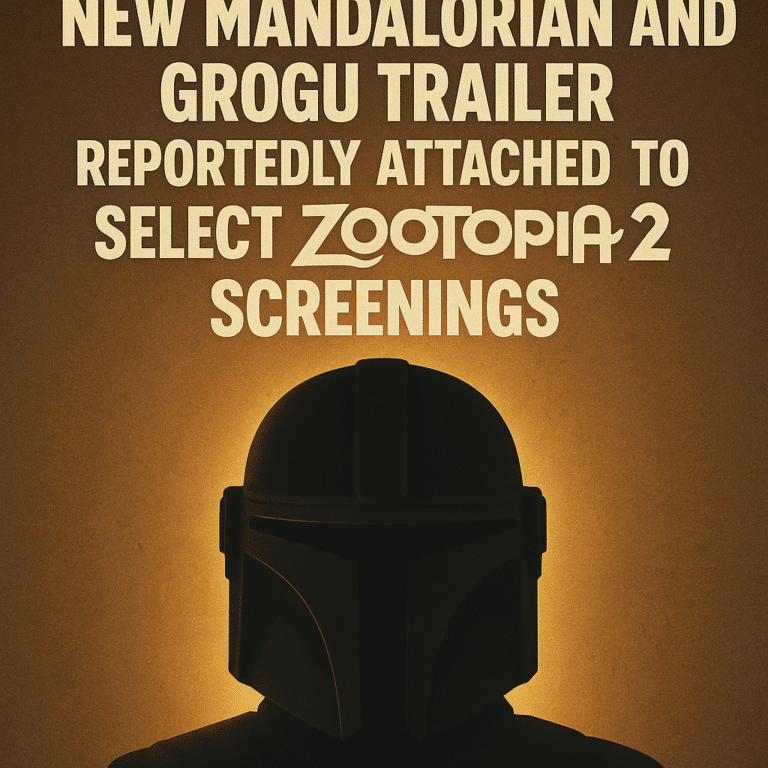 A stylized sci-fi helmet silhouette glowing against a warm cinematic background, paired with bold headline text announcing that a new Mandalorian and Grogu trailer is reportedly attached to select Zootopia 2 screenings.