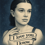 Artistic portrait illustration inspired by Millie Bobby Brown with a tattoo-style banner featuring the Star Wars quote “I love you. I know.”