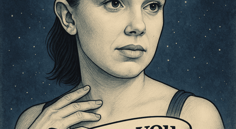 Artistic portrait illustration inspired by Millie Bobby Brown with a tattoo-style banner featuring the Star Wars quote “I love you. I know.”