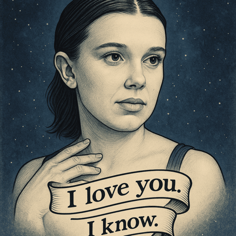 Artistic portrait illustration inspired by Millie Bobby Brown with a tattoo-style banner featuring the Star Wars quote “I love you. I know.”