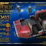 Promotional image for SWTOR’s Master the Fight: Mobile Market Edition bundle featuring 180 days subscription time, cartel coins, dyes, utility droids, and the GDU MG Droid Carrier mount.