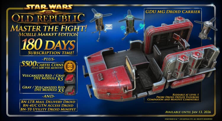 Promotional image for SWTOR’s Master the Fight: Mobile Market Edition bundle featuring 180 days subscription time, cartel coins, dyes, utility droids, and the GDU MG Droid Carrier mount.