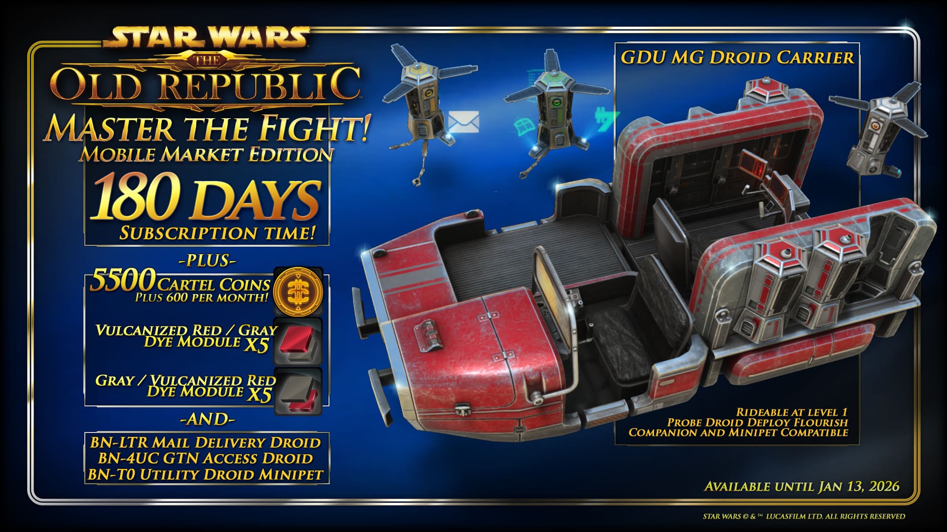 Promotional image for SWTOR’s Master the Fight: Mobile Market Edition bundle featuring 180 days subscription time, cartel coins, dyes, utility droids, and the GDU MG Droid Carrier mount.