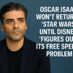 Oscar Isaac poses against a blue background with text about not returning to Star Wars until Disney resolves its free speech issue.