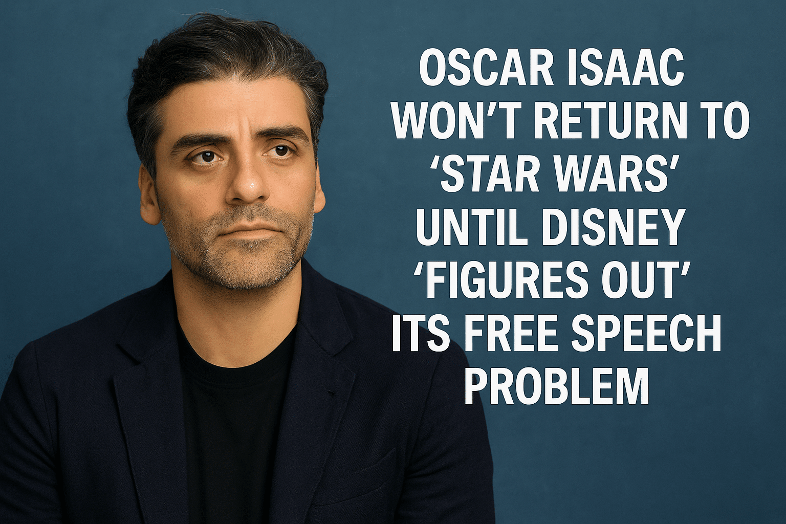 Oscar Isaac poses against a blue background with text about not returning to Star Wars until Disney resolves its free speech issue.