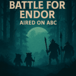 Retro forest moon illustration with small creature silhouettes facing armored marauder silhouettes, with text “OTD 1985 Battle for Endor Aired on ABC.”